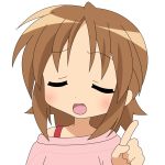  1girl blush brown_hair closed_eyes collarbone hiiragi_matsuri index_finger_raised lucky_star short_hair simple_background solo sweater vector_trace white_background 
