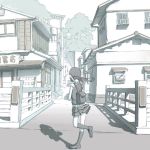  1girl bridge building house monochrome muted_color original shadow solo torii tree uni 