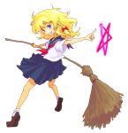  1girl alternate_costume blonde_hair blue_eyes braid broom female kirisame_marisa roku roku_(warrock) school_uniform serafuku solo touhou 