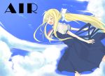  1girl :d ^_^ ^o^ air blonde_hair blue_dress blue_sky blush closed_eyes copyright_name dress kamio_misuzu kanikama long_hair open_mouth outstretched_arms ponytail puffy_short_sleeves puffy_sleeves short_sleeves sky smile solo very_long_hair 