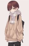  1girl backpack bag beige_hoodie black_pants blush brown_hair commentary_request covered_mouth grey_scarf highres hood hoodie original pants scarf short_hair simple_background sleeves_past_fingers sleeves_past_wrists white_background zuima 