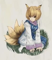  1girl akino_komichi animal_ears blonde_hair female fox_ears fox_tail grass hands kyuubi lace long_sleeves multiple_tails no_hat no_headwear shacchi short_hair sitting socks solo tabard tail touhou wide_sleeves yakumo_ran yellow_eyes 