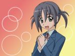  1girl :d black_hair bubble_background hair_tie hands_together hayate_no_gotoku! neck_ribbon nishizawa_ayumu open_mouth ribbon school_uniform short_twintails smile solo twintails upper_body vector_trace 