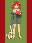  1girl bare_shoulders barefoot boxing_gloves feet flat_color green_background naked_shirt pillarboxed red_background redhead shirt shirt_pull solo stuffed_animal stuffed_bunny stuffed_toy twintails 