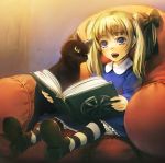  1girl :d alice_(odin_sphere) black_cat blonde_hair blue_eyes book bow cat chair hair_bow odin_sphere open_book open_mouth pantyhose reading ribbon simosi sitting smile socrates_(odin_sphere) solo striped striped_legwear twintails 