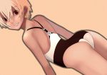  1girl arched_back ass back blonde_hair casual_one-piece_swimsuit dutch_angle grin kiriman_(souldeep) leaning_forward looking_back one-piece_swimsuit orange_hair original pink_hair red_eyes short_hair simple_background smile solo swimsuit 