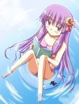  1girl bikini book crescent crescent_hair_ornament female hair_ornament long_hair lowres no_hat no_headwear patchouli_knowledge pink_eyes purple_hair solo striped swimsuit toshihiro touhou water 