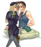  1boy 1girl ascot assertive belt beret blonde_hair blush butterfly_sitting capelet couple dog_tags glasses hand_on_another&#039;s_face hat hetero higurashi_no_naku_koro_ni impossible_clothes long_hair muscle nail_polish naughty_face pantyhose red_nails restrained ribbon sitting sitting_on_lap sitting_on_person sora_(efr) takano_miyo tomitake_jirou very_long_hair 