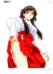  1girl absurdres adjusting_clothes adjusting_panties ass breasts brown_hair hair_ribbon hakama highres horibe_hiderou japanese_clothes large_breasts long_hair miko original panties parted_lips red_eyes red_hakama ribbon skirt skirt_lift solo twintails underwear upskirt yours_(art_book) 