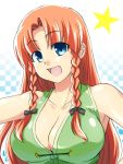  1girl blue_eyes bow braid breasts cleavage close-up female hair_bow hong_meiling large_breasts long_hair no_hat open_mouth redhead ribbon smile solo tajima_yuuki the_embodiment_of_scarlet_devil touhou twin_braids 