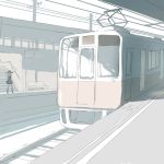  ! 1girl greyscale ground_vehicle monochrome muted_color original power_lines solo train train_station uni 