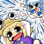  2girls angry blonde_hair blue_bow blue_dress blue_hair bow chibi child cirno dress female frog_print hair_bow hat ice ice_wings long_sleeves lowres moriya_suwako multiple_girls puffy_short_sleeves puffy_sleeves purple_dress pyonta short_hair short_sleeves tears touhou white_legwear wings 