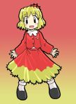  1girl aki_shizuha blonde_hair dress female hair_ornament horten leaf leaf_hair_ornament leaf_on_head lowres object_on_head red_dress short_hair solo touhou yellow_eyes 