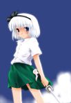  1girl blush clouds eyebrows eyebrows_visible_through_hair female hair_ribbon hairband katana konpaku_youmu looking_at_viewer ribbon shirt short_sleeves skirt sky solo sword touhou weapon you_ku 