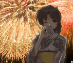  1girl aerial_fireworks alcohol beer black_hair fireworks hana_(hana_mo_arashi_mo) japanese_clothes kimono one_eye_closed original solo yukata 