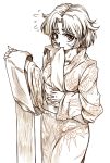  1girl brown hisahiko japanese_clothes kimono monochrome mouth_hold obi sash short_hair solo 