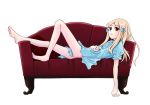  1girl barefoot blonde_hair blue_dress couch dress feet female full_body hair_tubes hand_on_own_stomach kuroda_bb looking_at_viewer lying on_back original puffy_short_sleeves puffy_sleeves red_eyes red_upholstery short_sleeves simple_background soles solo white_background 