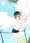 1girl :d black_hair blue_sky camisole contrapposto cowboy_shot day holding itou_nanami open_mouth original plant short_hair shorts sky smile solo towel tree white_hair 