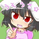  1girl black_hair face female inaba_tewi lowres morino_harifu no_nose open_mouth pointing red_eyes short_hair smile solo touhou translated 