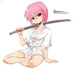  bokken oekaki onija_tarou pink_eyes pink_hair sarashi short_hair sweat sword weapon wooden_sword 
