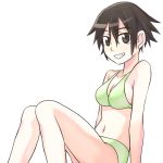  1girl :d bikini black_background breasts brown_eyes brown_hair cleavage collarbone green_bikini grin itami_sumihito knees_up looking_at_viewer midriff navel open_mouth original simple_background smile solo stomach swimsuit teeth 