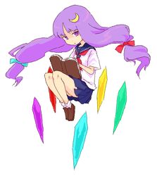  1girl alternate_costume book bow crescent crescent_hair_ornament female hair_ornament long_hair no_hat no_headwear patchouli_knowledge pink_bow purple_hair roku roku_(warrock) school_uniform serafuku solo touhou 