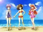  3girls asahina_mikuru beach bikini bikini_top brown_hair hat jacket kagetsu_suzu multiple_girls nagato_yuki name_tag one-piece_swimsuit school_swimsuit short_hair suzumiya_haruhi suzumiya_haruhi_no_yuuutsu swimsuit 