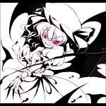  1girl bat_wings brooch claws evil_smile female hat hat_ribbon jewelry letterboxed mob_cap monochrome open_mouth puffy_short_sleeves puffy_sleeves red_eyes remilia_scarlet ribbon short_hair short_sleeves skirt skirt_set slit_pupils smile solo spot_color tooya touhou touya_(the-moon) wings 