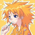  1girl bad_hair_day brushing_teeth lowres messy_hair oekaki orange_(color) orange_background orange_shirt pajamas print_shirt sasamori_karin shirt solo tired to_heart_2 toothbrush zen 