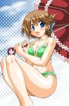  1girl bikini blue_eyes blush breasts brown_hair cleavage folded_ponytail green_bikini komaki_manaka marui medium_breasts navel open_mouth solo swimsuit to_heart_2 umbrella 