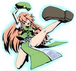  1girl bare_legs bow female hair_bow hat hat_removed headwear_removed hong_meiling immaterial_and_missing_power kicking long_hair redhead roku roku_(warrock) shoes short_sleeves solo split star touhou white_background 
