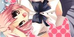  1girl black_bow black_bowtie bow bowtie brown_eyes izumi_makoto long_sleeves looking_at_viewer navel original outdoors pink_background pink_hair puffy_short_sleeves puffy_sleeves school_uniform serafuku shirt short_sleeves simple_background solo white_shirt 