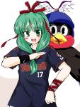  1girl alternate_costume animal_costume bangs blunt_bangs blush bow female front_ponytail green_eyes green_hair hair_bow hair_ribbon kagiyama_hina looking_at_viewer open_mouth penguin_costume red_bow red_ribbon ribbon short_sleeves simple_background solo touhou upper_body wrist_cuffs 