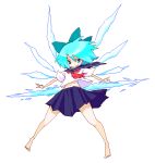  1girl alternate_costume barefoot bow cirno female grin midriff navel oekaki roku roku_(warrock) school_uniform serafuku smile solo touhou wings 