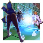  1boy 1girl ass bent_over boots breasts capcom china_dress chinese_clothes chun-li dress energy_ball hanging_breasts kikouken knee_boots large_breasts legs maruta_kentarou panties pantyhose pelvic_curtain street_fighter thighs thong underwear zangief 