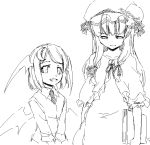  2girls :d alternate_hairstyle bat_wings book crescent crescent_hair_ornament female hair_ornament head_wings koakuma long_hair monochrome multiple_girls necktie open_mouth patchouli_knowledge sakuraba_yuuki short_hair smile the_embodiment_of_scarlet_devil touhou vest wings 