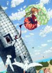  1girl animal beach bird braid brown_hair clouds dress floating house looking_back maagarin_killer ocean original sky solo tower tree twin_braids umbrella umbrella_riding 