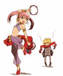  1boy 1girl :d alchemist_(sekaiju) anklet armband armlet atlus bard_(sekaiju) bare_shoulders bracelet dancer dancing full_body green_eyes instrument jewelry midriff navel open_mouth pink_hair revealing_clothes sekaiju_no_meikyuu simple_background smile stomach tambourine twintails white_background 