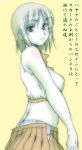  1girl aizawa_sakuya blush cowboy_shot eyebrows eyebrows_visible_through_hair from_side hayate_no_gotoku! looking_at_viewer midriff muted_color open_clothes open_skirt p.i.l. panties short_hair skirt solo translation_request underwear yellow_background 