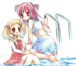  2girls :o barefoot blonde_hair coco_(precure_5) coco_(yes!_precure_5) feet_in_water hair_bobbles hair_ornament kasugano_urara_(yes!_precure_5) multiple_girls one-piece_swimsuit pink_hair pool pool_ladder poolside precure red_eyes red_swimsuit sketch soaking_feet suzushiro_kurumi swimsuit tankini two_side_up water wet yellow_eyes yes!_precure_5 yumehara_nozomi 