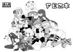  6+girls :d :o ^_^ ^o^ all_fours blush bodysuit closed_eyes corriedale_(fantasy_earth_zero) fantasy_earth_zero full_body monochrome multiple_girls open_mouth ryman short_hair simple_background sitting skin_tight smile sss thigh_strap twintails white_background 