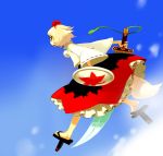  1girl female geta inubashiri_momiji iwamoto_james long_skirt shield skirt sky solo sword tengu-geta touhou weapon 