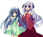  2girls blue_eyes blue_hair detached_sleeves dress furude_rika green_dress green_skirt hakama hanyuu higurashi_no_naku_koro_ni japanese_clothes kimono long_hair long_sleeves looking_at_viewer multiple_girls red_hakama sidelocks simple_background skirt sleeveless sleeveless_dress standing sundress suzushiro_kurumi very_long_hair violet_eyes white_background white_hair wide_sleeves 