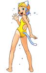  1girl animal_ears aqua_eyes ass barefoot blue_hair cat_ears cat_tail competition_swimsuit from_behind looking_back one-piece_swimsuit one-piece_tan short_hair solo swim_cap swimsuit tail tan tanline wang-pac waving 