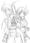  2girls fingerless_gloves gloves headband kakitsubata_tsukune lyrical_nanoha magical_girl mahou_shoujo_lyrical_nanoha mahou_shoujo_lyrical_nanoha_strikers midriff monochrome multiple_girls revolver_knuckle sketch subaru_nakajima takamachi_nanoha twintails waist_cape 