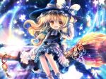  1girl blonde_hair braid broom broom_riding fang female glowing hand_on_headwear hat kirisame_marisa long_hair no_nose onineko open_mouth sidesaddle smile solo star touhou witch witch_hat yellow_eyes 