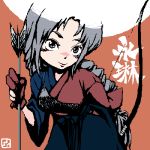  1girl adapted_costume arm_behind_back arrow bangs bent_over blush bow_(weapon) braid brown_background dougi female gloves grey_eyes grey_hair hakama head_tilt japanese_clothes looking_at_viewer lowres nose_blush parted_bangs quiver roku roku_(warrock) seductive_smile smile solo standing touhou weapon yagokoro_eirin 