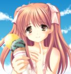  1girl azuma_yuki blue_sky collarbone day drinking finger_to_mouth food hair_ribbon head_tilt holding ice_cream looking_at_viewer original pink_ribbon ribbon sky smile solo summer twintails upper_body 