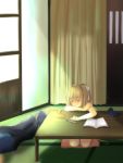  1boy 1girl air bare_arms blonde_hair blue_hair blush book closed_eyes curtains denim door hair_ribbon indoors jeans kamio_misuzu kayune_niu knees kunisaki_yukito lying on_side open_book pants pencil pillow ponytail ribbon short_hair sitting sleeping smile solo sunlight table wariza white_hair 