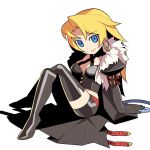  1girl atlus black_legwear black_skirt blue_eyes collarbone criss-cross_halter dark_hunter earmuffs full_body fur_collar halter_top halterneck himukai_yuuji jacket long_sleeves looking_at_viewer official_art open_clothes open_jacket pencil_skirt sekaiju_no_meikyuu sitting skirt smile solo thigh-highs 